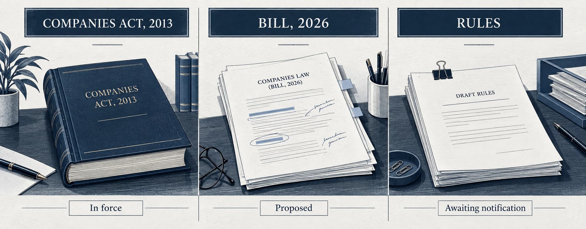 Table comparing Companies Act, 2013 provisions in force with the Corporate Laws (Amendment) Bill, 2026 as introduced
