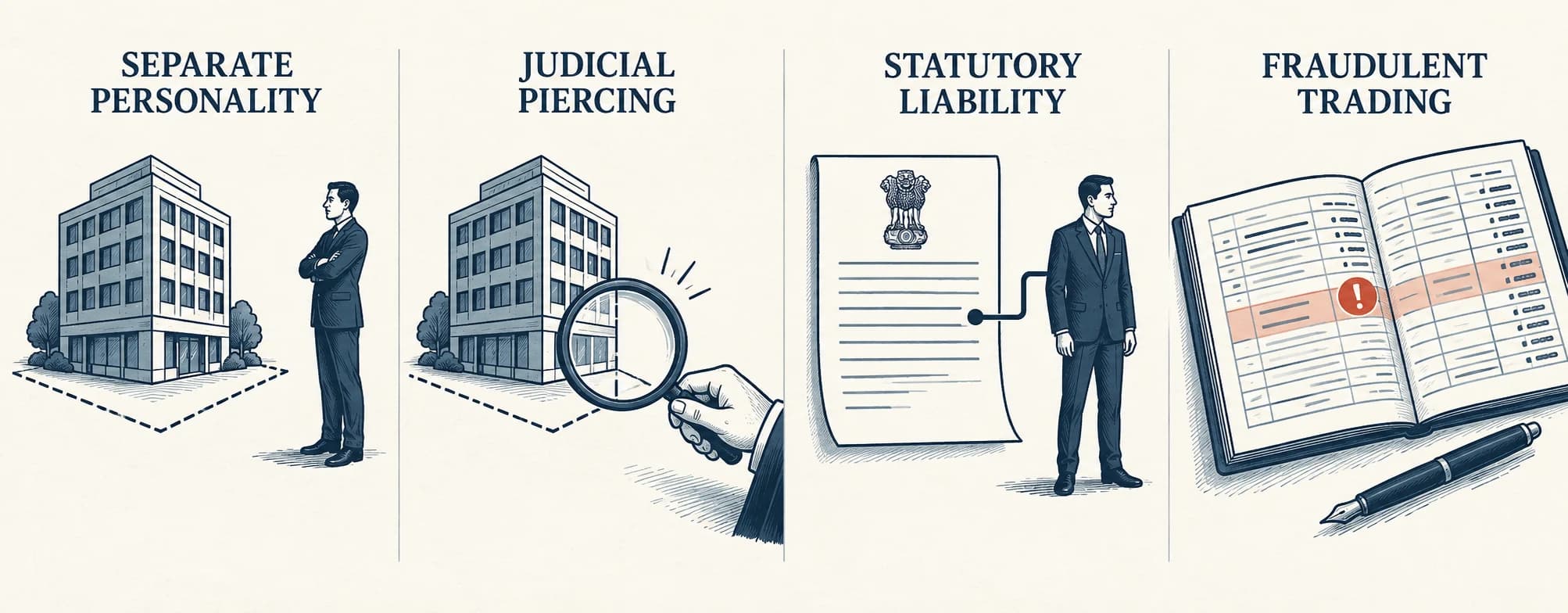 Diagram separating four ideas often called lifting the corporate veil: separate personality, judicial piercing, statutory liability and fraudulent or wrongful trading