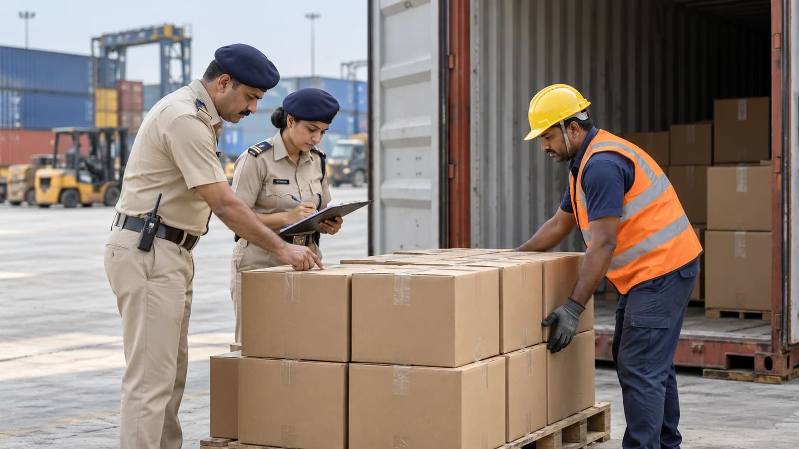 Customs officers and cargo handlers inspecting containers at an Indian container freight station during customs clearance