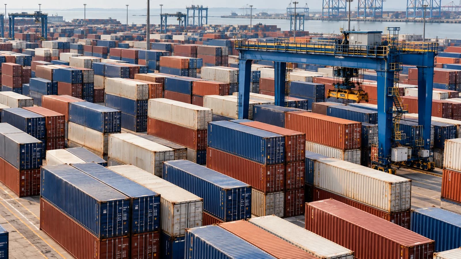 Stacked shipping containers at an Indian port terminal, illustrating how customs duty is calculated on imported goods