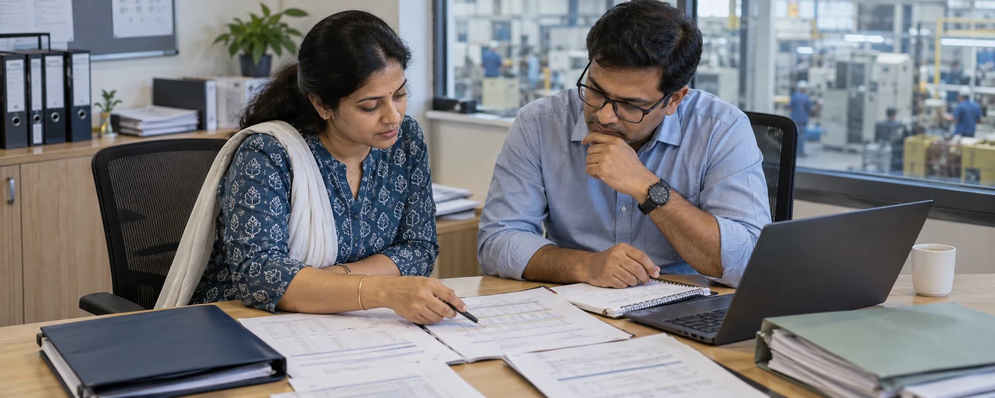 Two finance professionals comparing inter-company transaction schedules in an Indian manufacturing office.