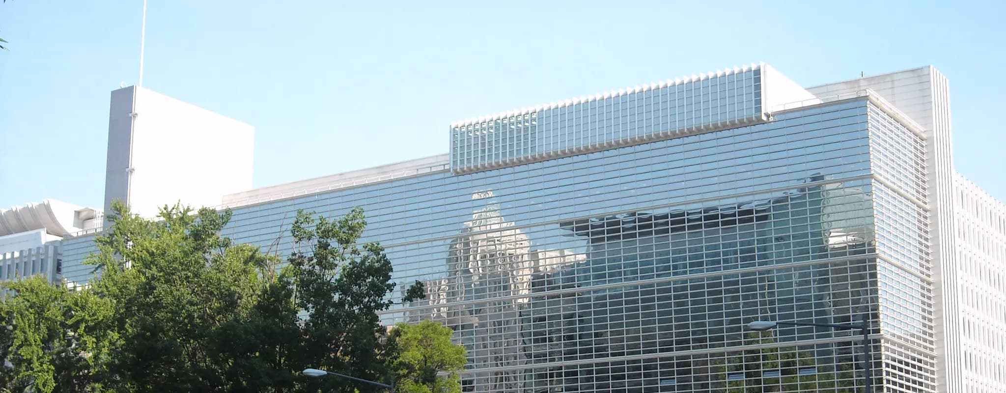 The glass facade of the World Bank headquarters in Washington, D.C.