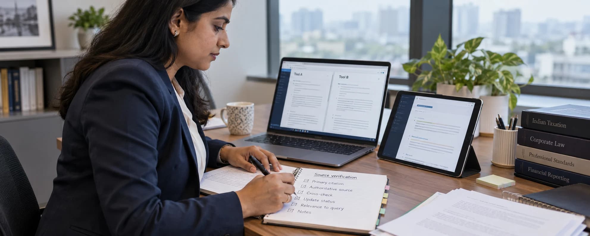 A chartered accountant comparing AI tax research tools against a source-verification checklist