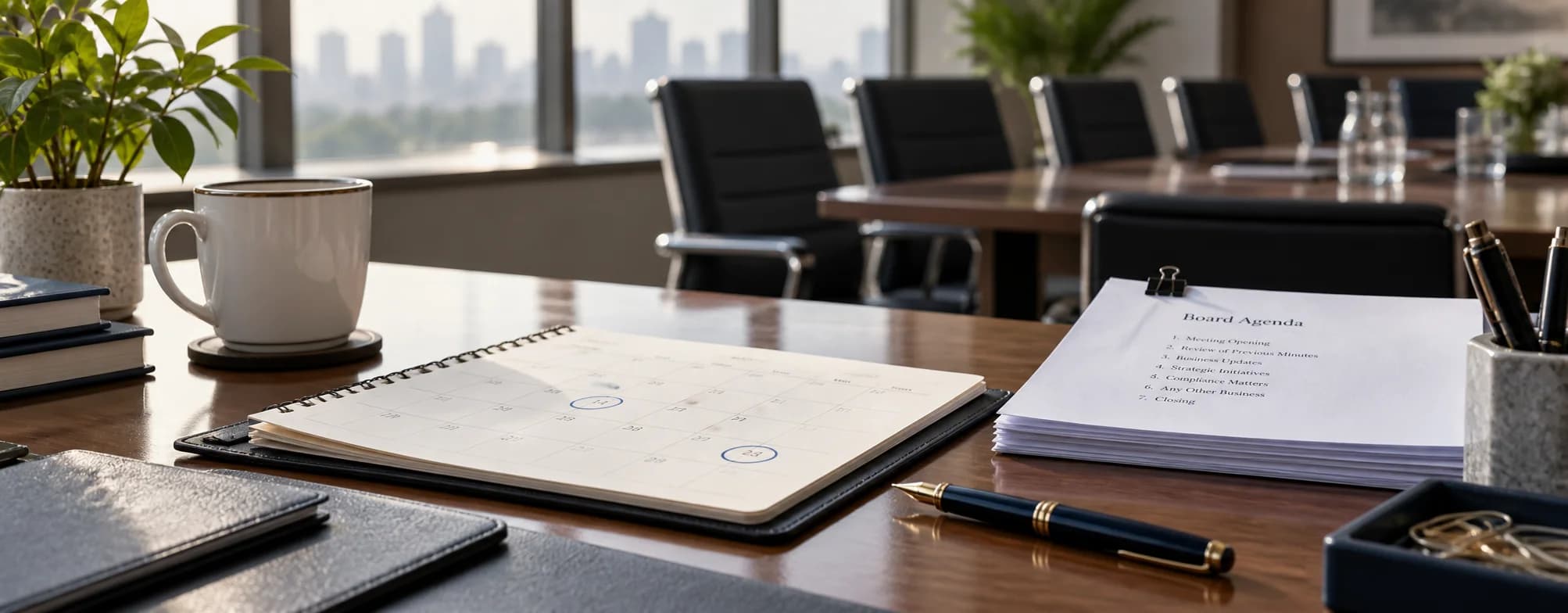 Board agenda and calendar on a meeting-room desk, illustrating SEBI LODR prior-intimation planning.
