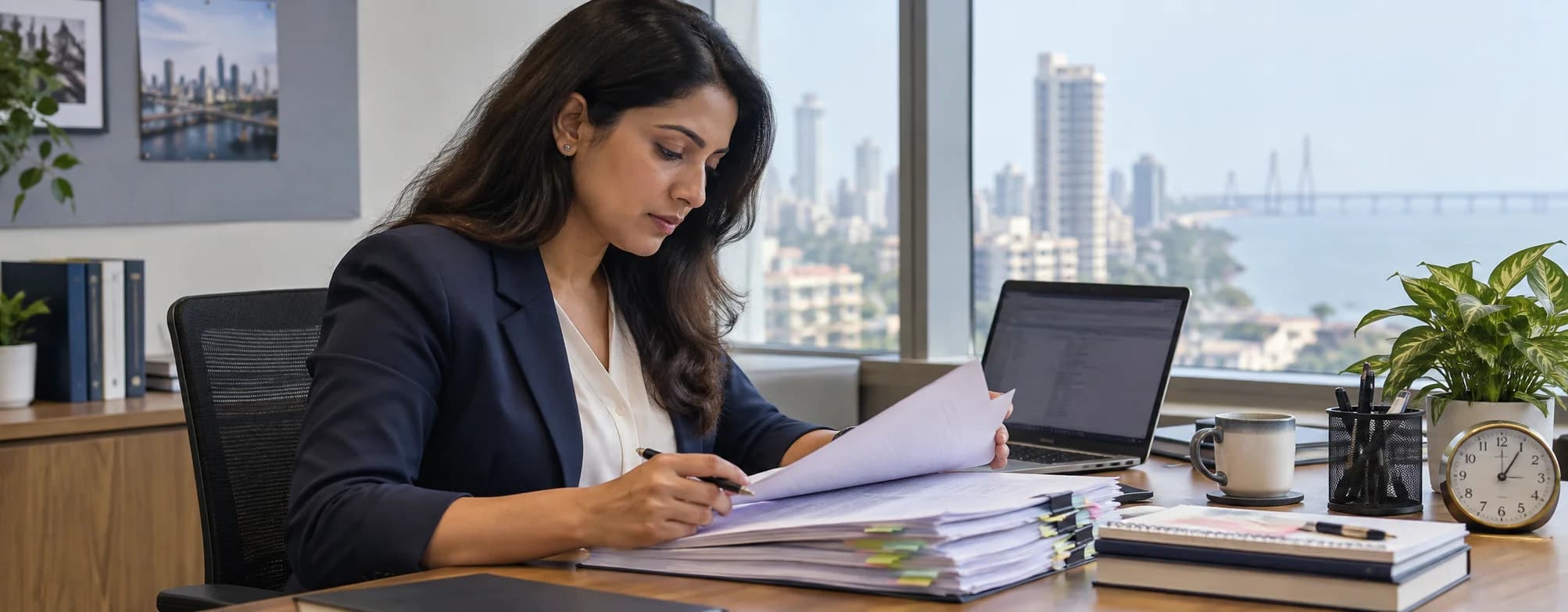 Compliance professional reviewing investor-complaint documents beside a clock for SEBI SCORES deadline tracking.