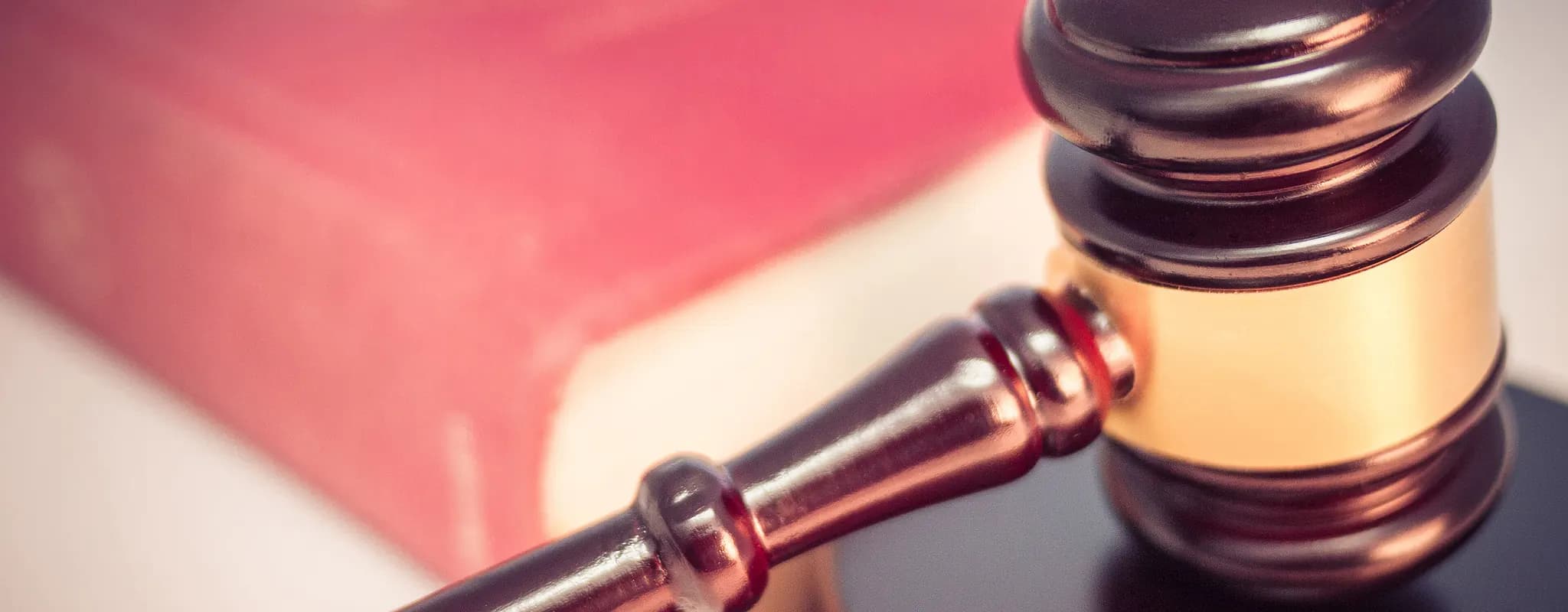 A wooden gavel rests beside a closed law book.