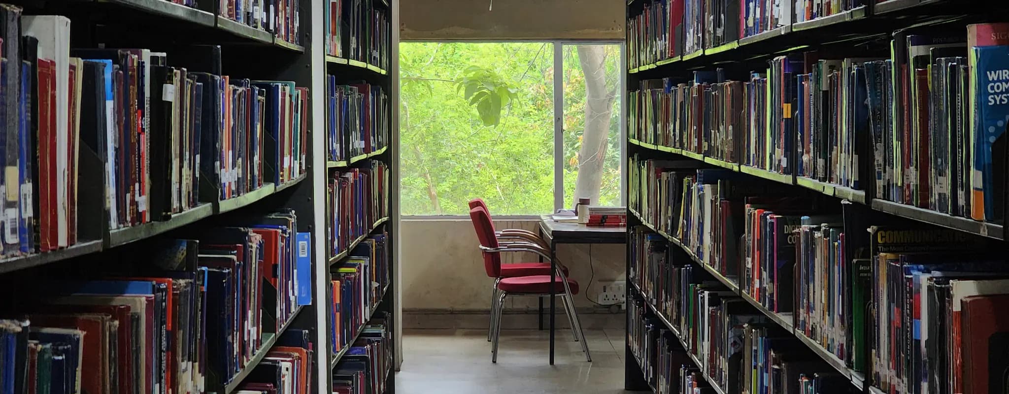 A quiet aisle of book-filled library shelves at IIT Delhi.