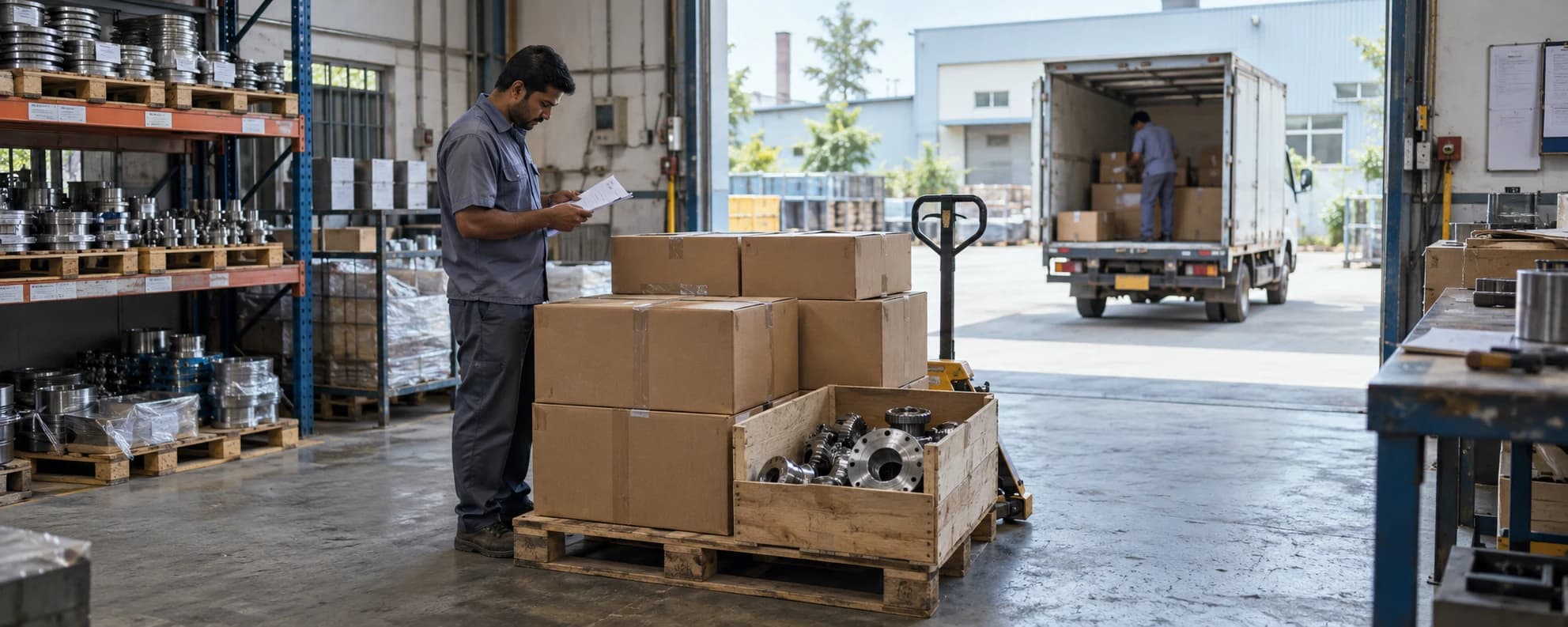 Warehouse employee checking a dispatch note beside packaged engineering parts ready for transport between businesses.