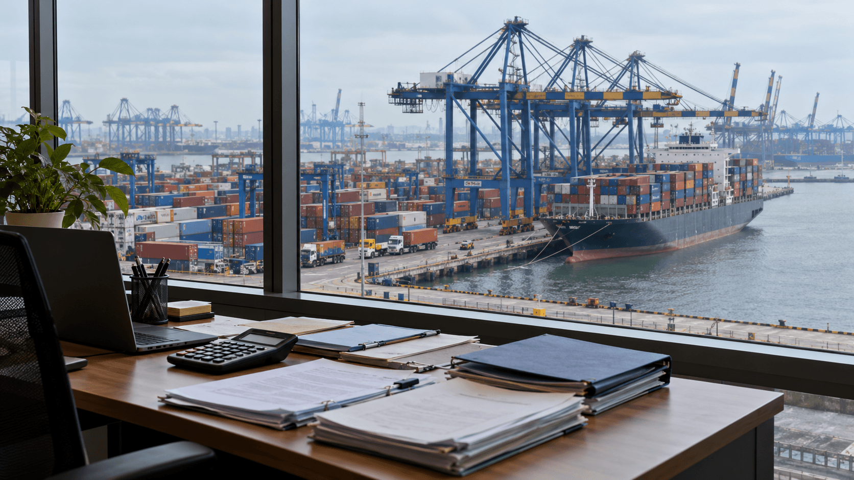 Shipping documents and a calculator in an office overlooking container cranes and a cargo ship.