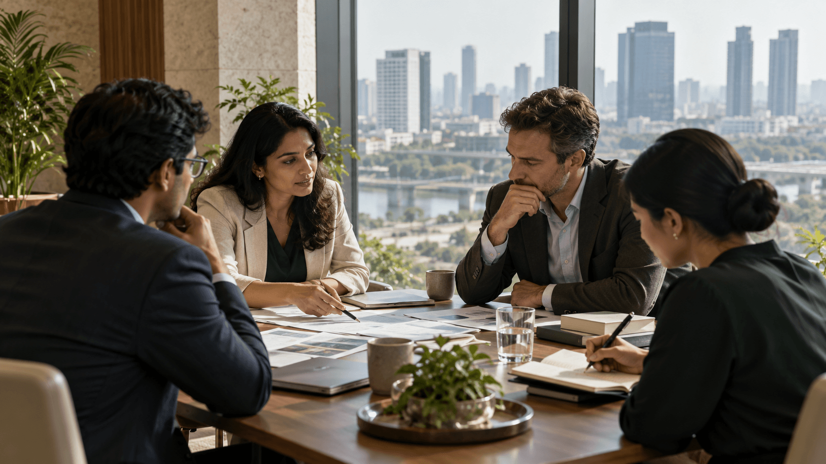 An international business team reviewing documents around a meeting table in a sunlit office.