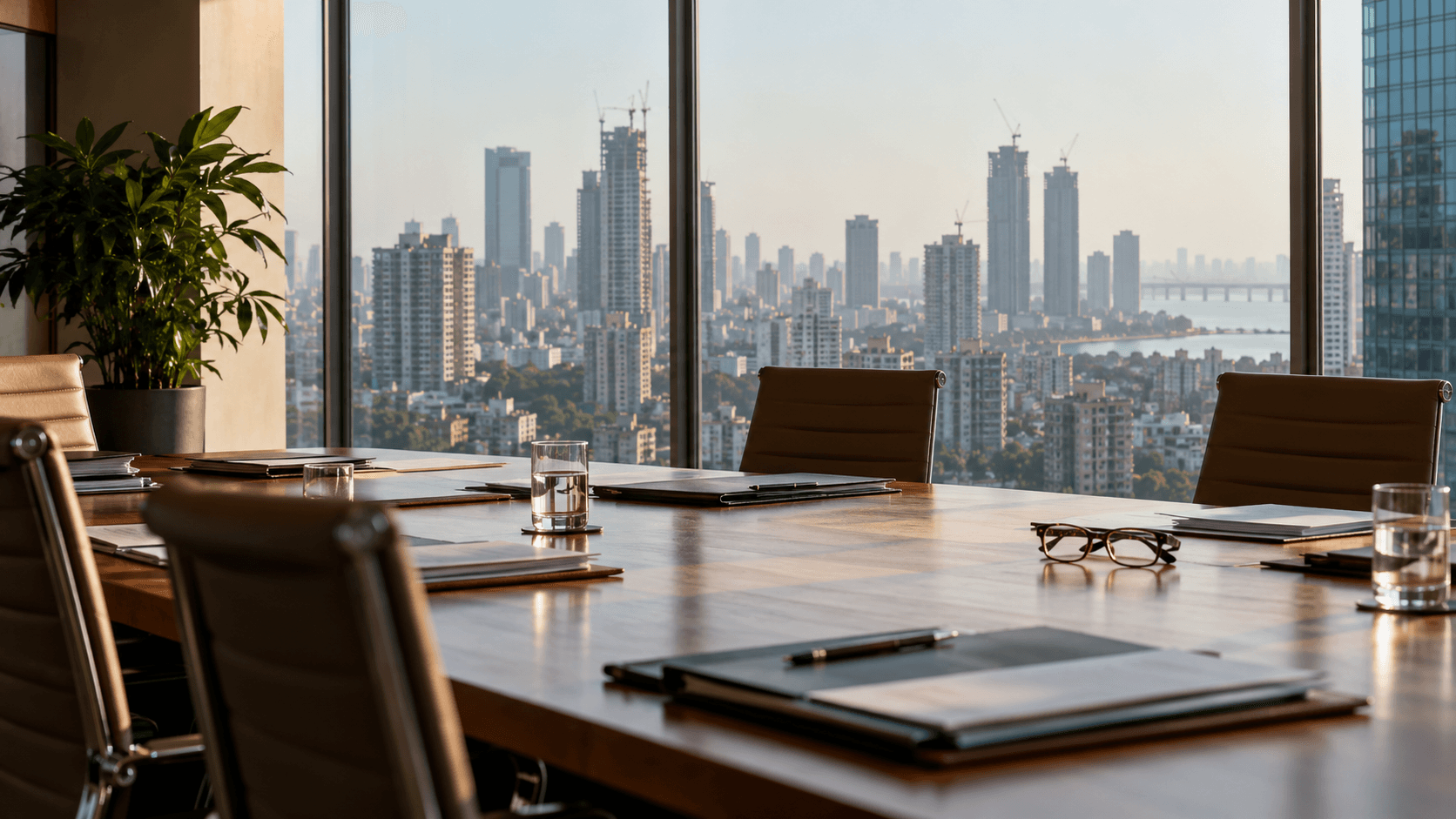 Document folders and reading glasses on a boardroom table overlooking a city skyline.