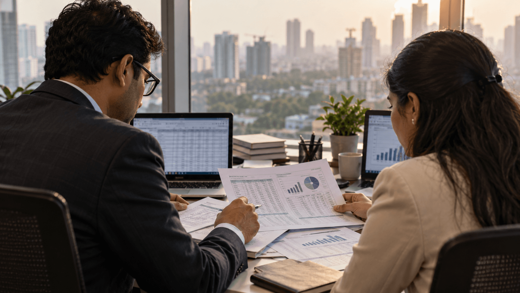 Two finance professionals reviewing financial tables and charts beside laptops in an office.