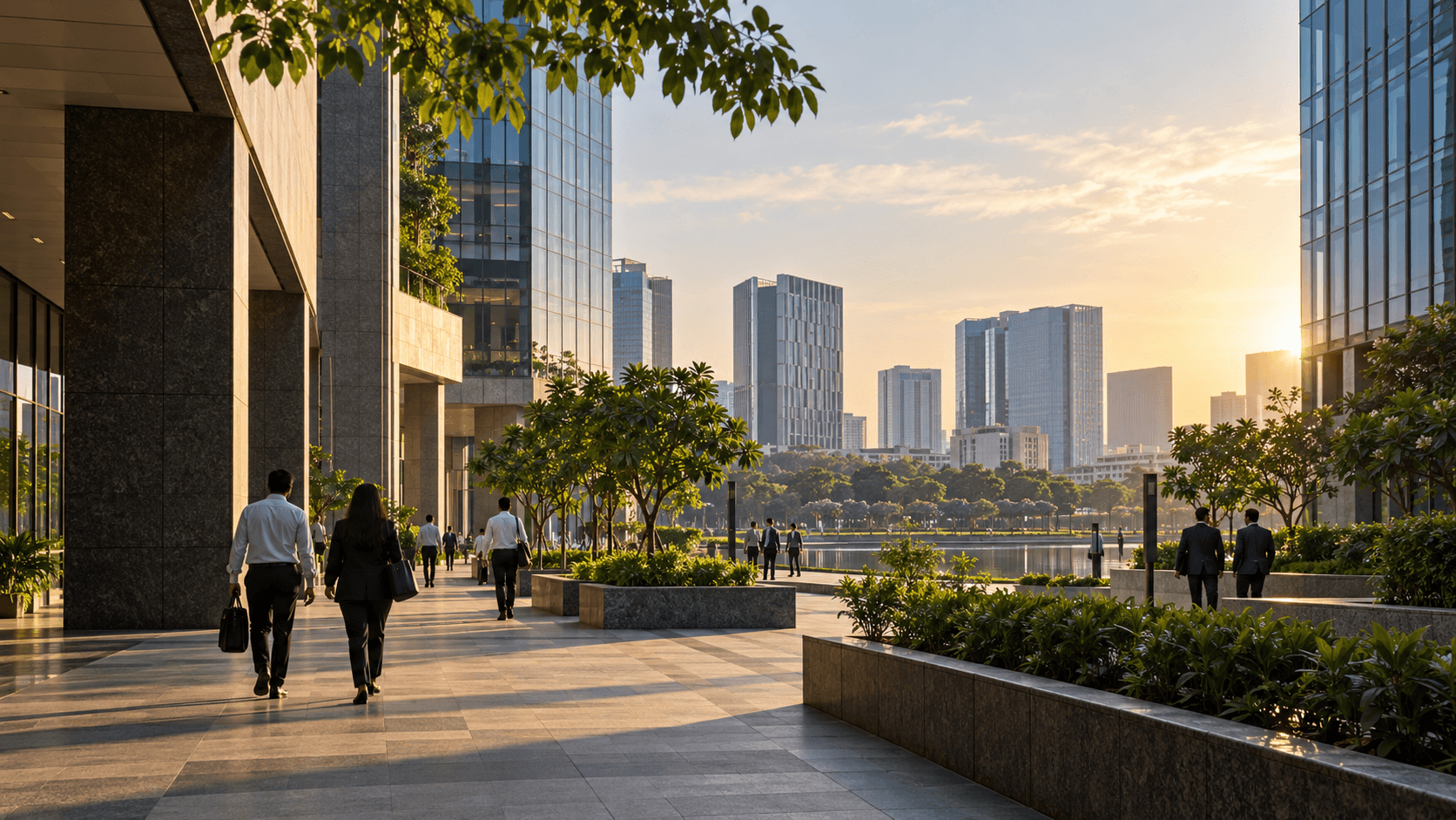 Glass office towers and a landscaped pedestrian plaza with people walking at sunset.